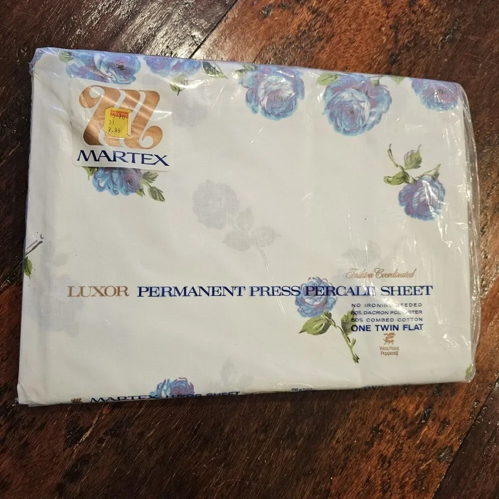 MARTEX Luxor blue rose vintage twin flat fitted sheet set floral percale NOS